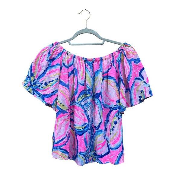 Lilly Pulitzer Top Off The Shoulder Sain Blouse in Pink Sunset Sunny Side - Picture 6 of 7